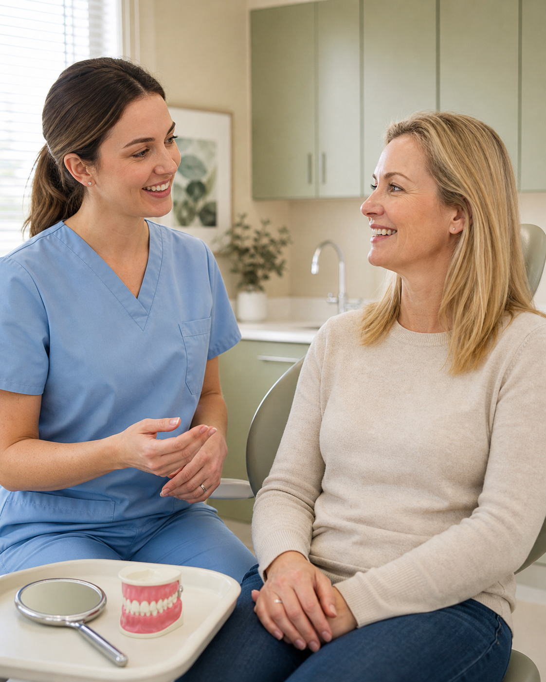 A dental professional speaking with a patient about preventive care